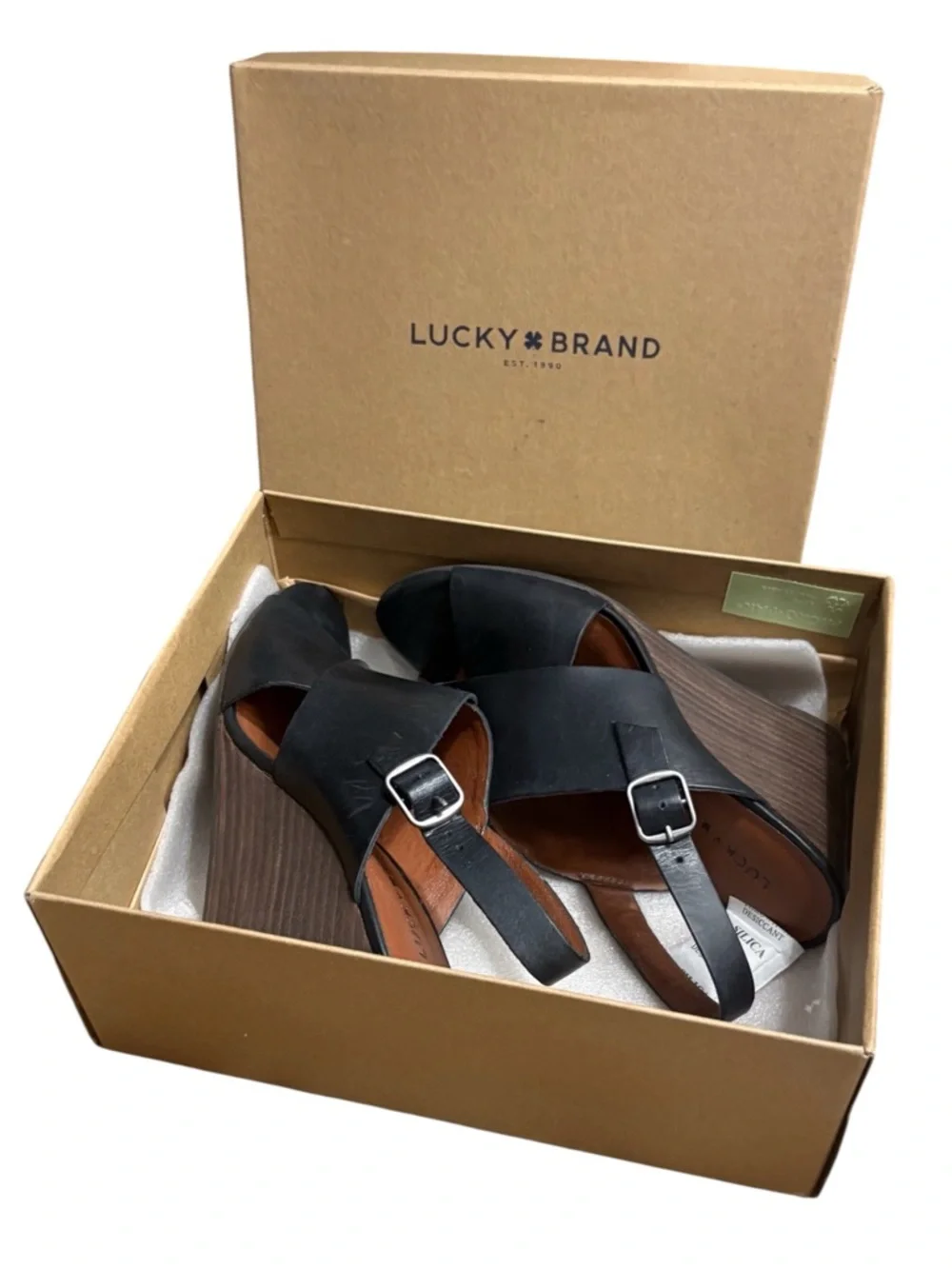 LUCKY BRAND Reddah Leather Black Wedge Slingback Sandal Size 6.5 -- with box